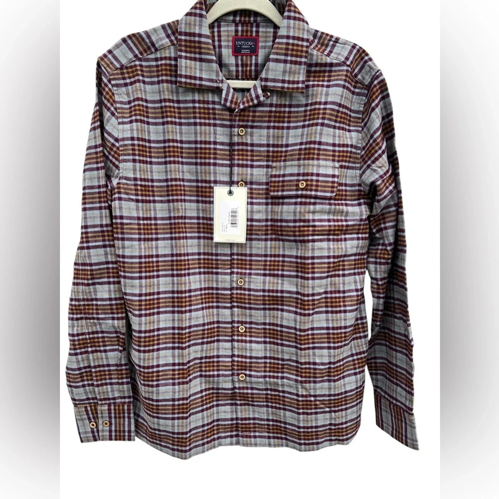 UNTICKit Verona Men's Medium Blue Maroon Plaid Cotton‎ Flannel Shirt NWT - Picture 2 of 10